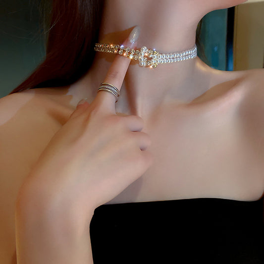 Pearl Rhinestone Choker Necklace